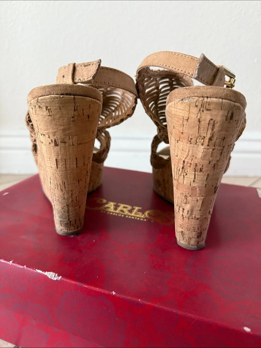 Carlos by Carlos Santana Tan Woven Cork Wedge Sandals